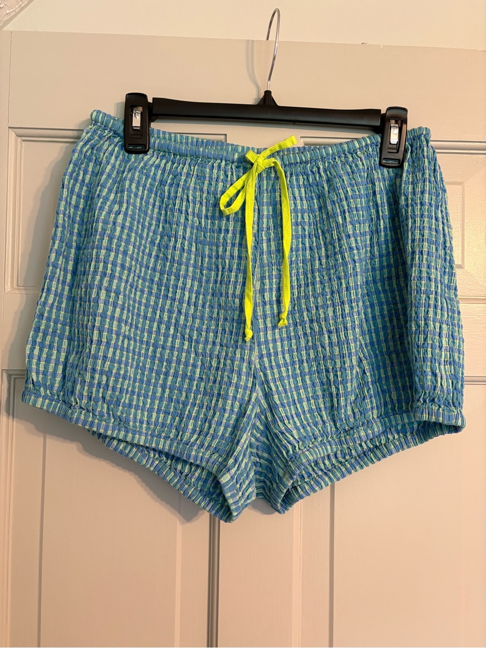 Free-est Free People Small Blue-Green Plaid Textured Bloomer Shorts